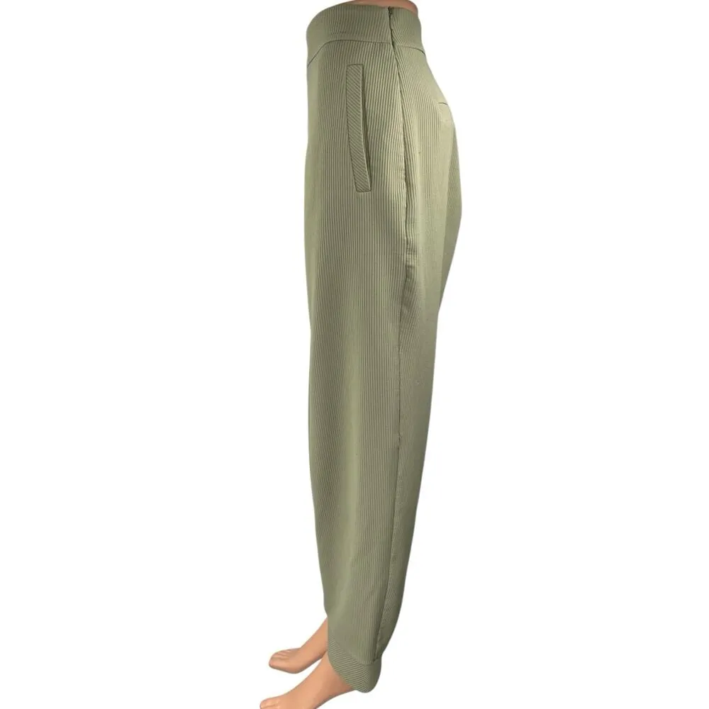 Zara Women's Green Rib Knit High Waist Wide Leg Side Zip Ankle Trousers Pants L - Image 2