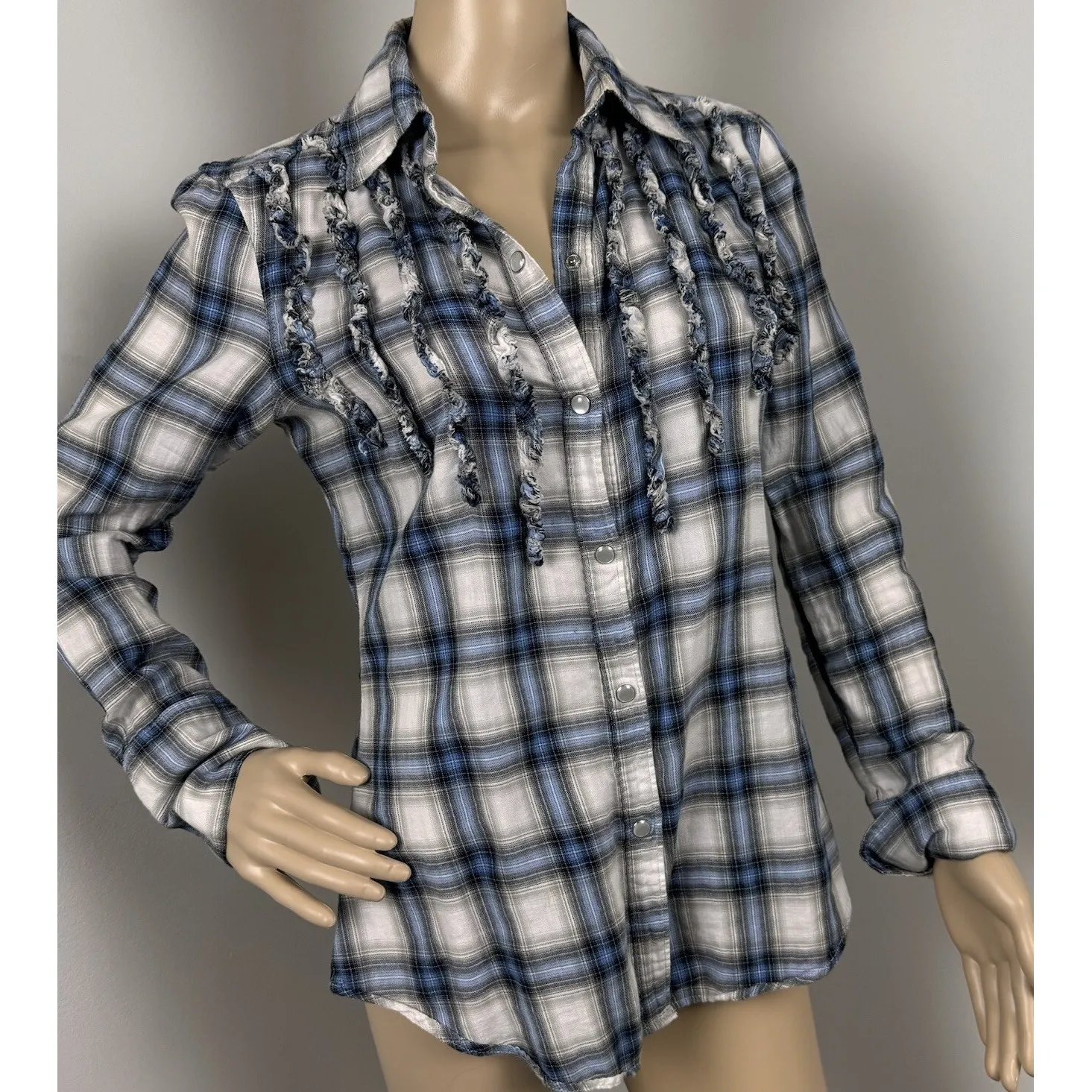 Seven7  Pleated Ruffle Blue Plaid Pearl Snap Button‎ Front Long Sleeve Top Medium - Image 13