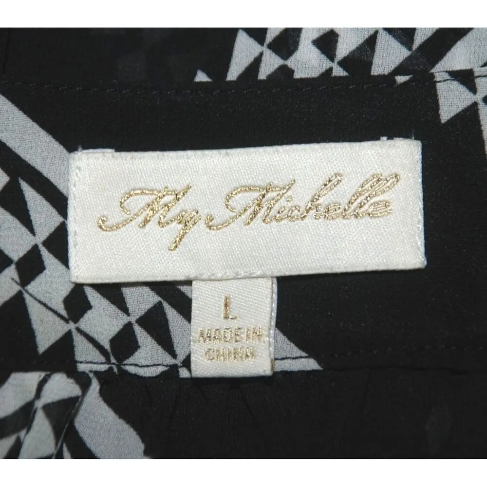 My Michelle Ladies Black Sheer Blouse Size L Chevron Pattern 3/4 Sleeve V-Neck - Image 6