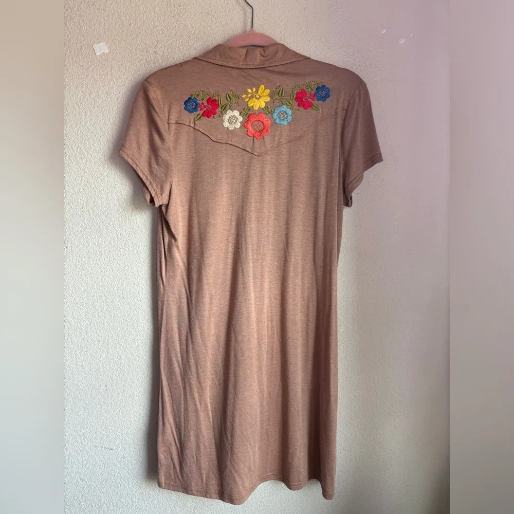 Uncle Frank Brown Multi Color Floral Embroidered Boho Collared T-Shirt Dress L - Image 3