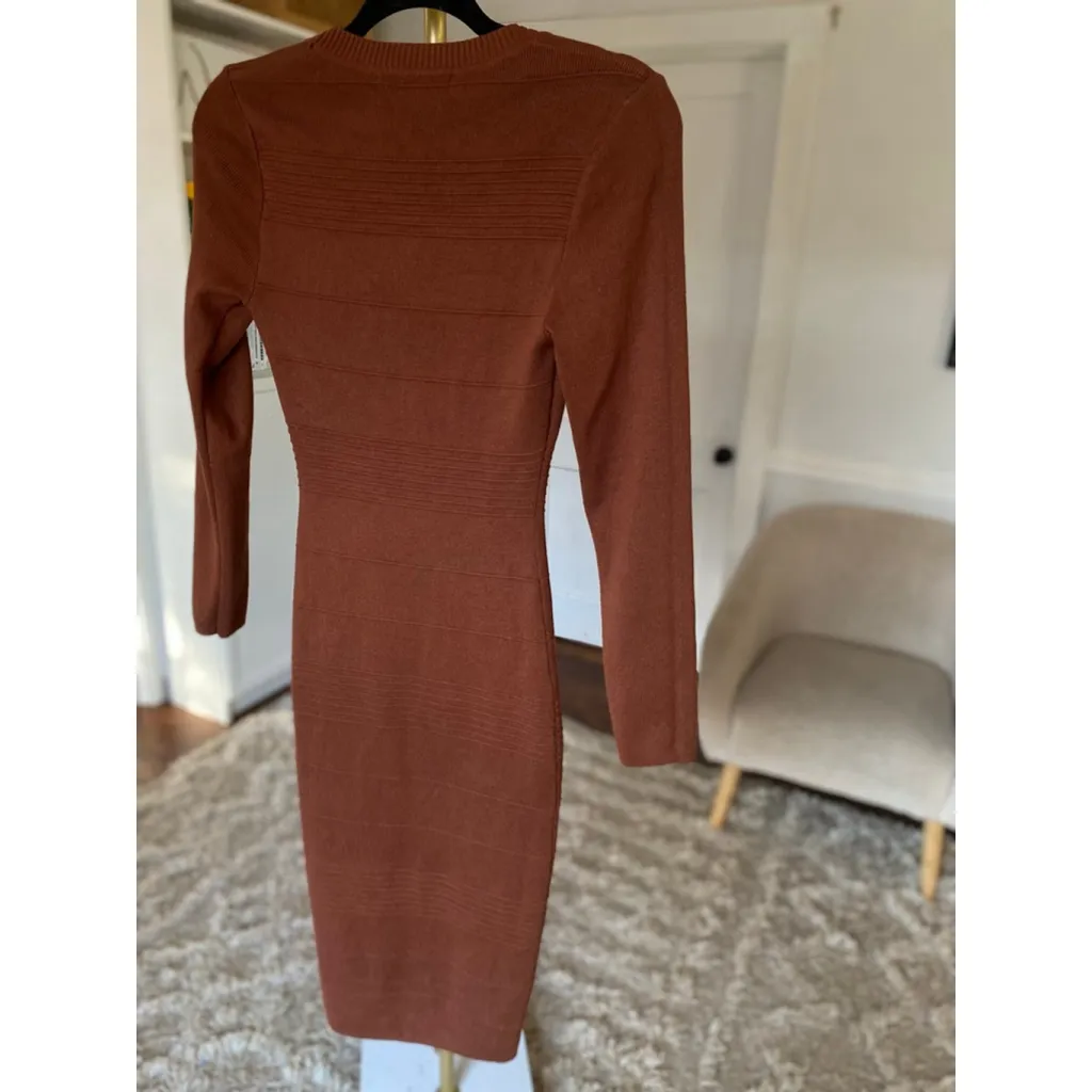 Madden Girl Ribbed Mini Dress Rust Long Sleeve Clean Girl Celebrity Quiet Luxury - Image 3