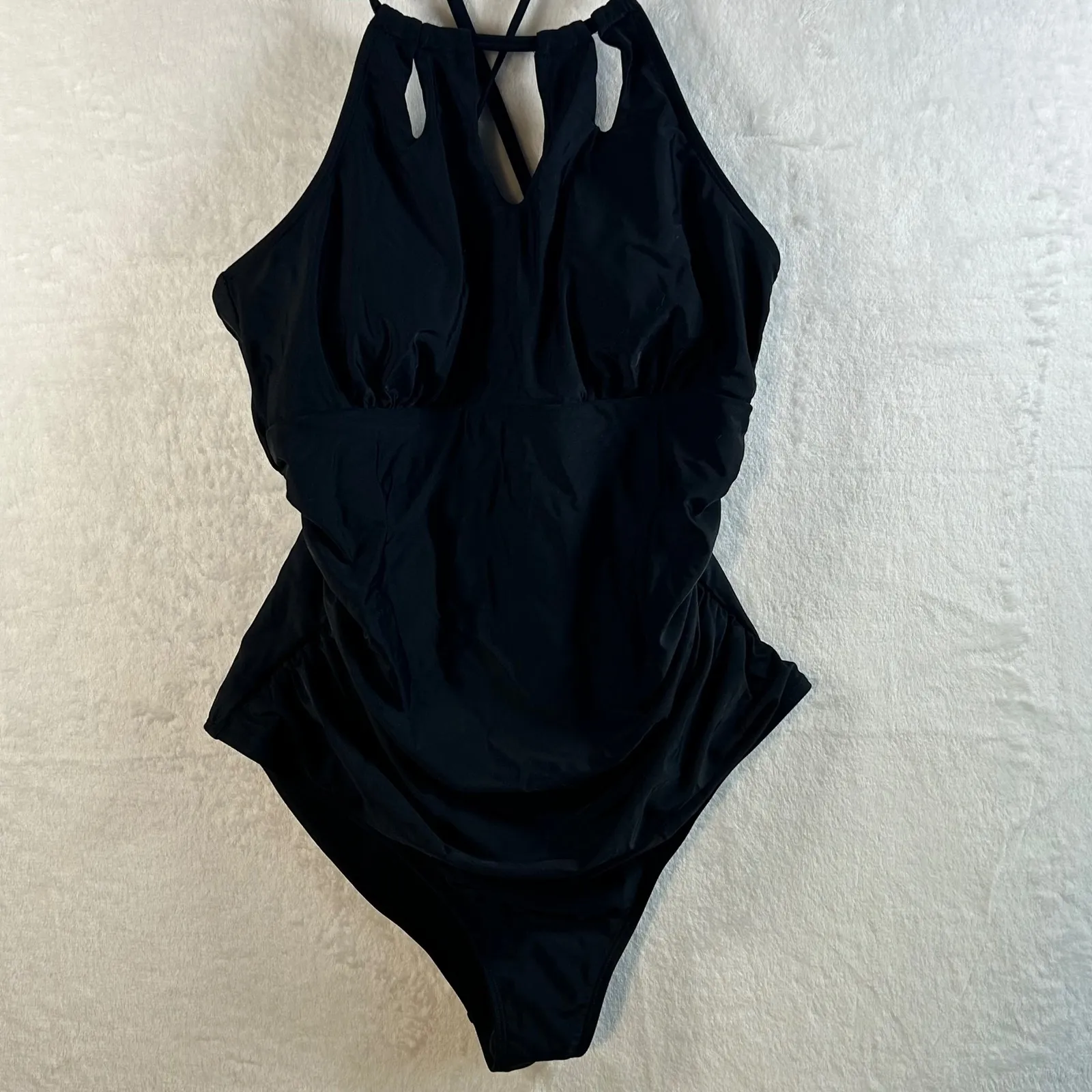 CUPSHE Black Halter Neck Ruched One Piece Swimsuit Women's Size L - Image 3