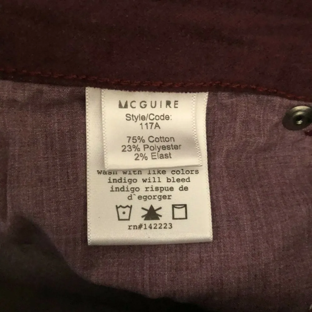 McGuire Womens Skinny Pants Velvet Button Fly Stretch Burgundy Size 25 - Image 4