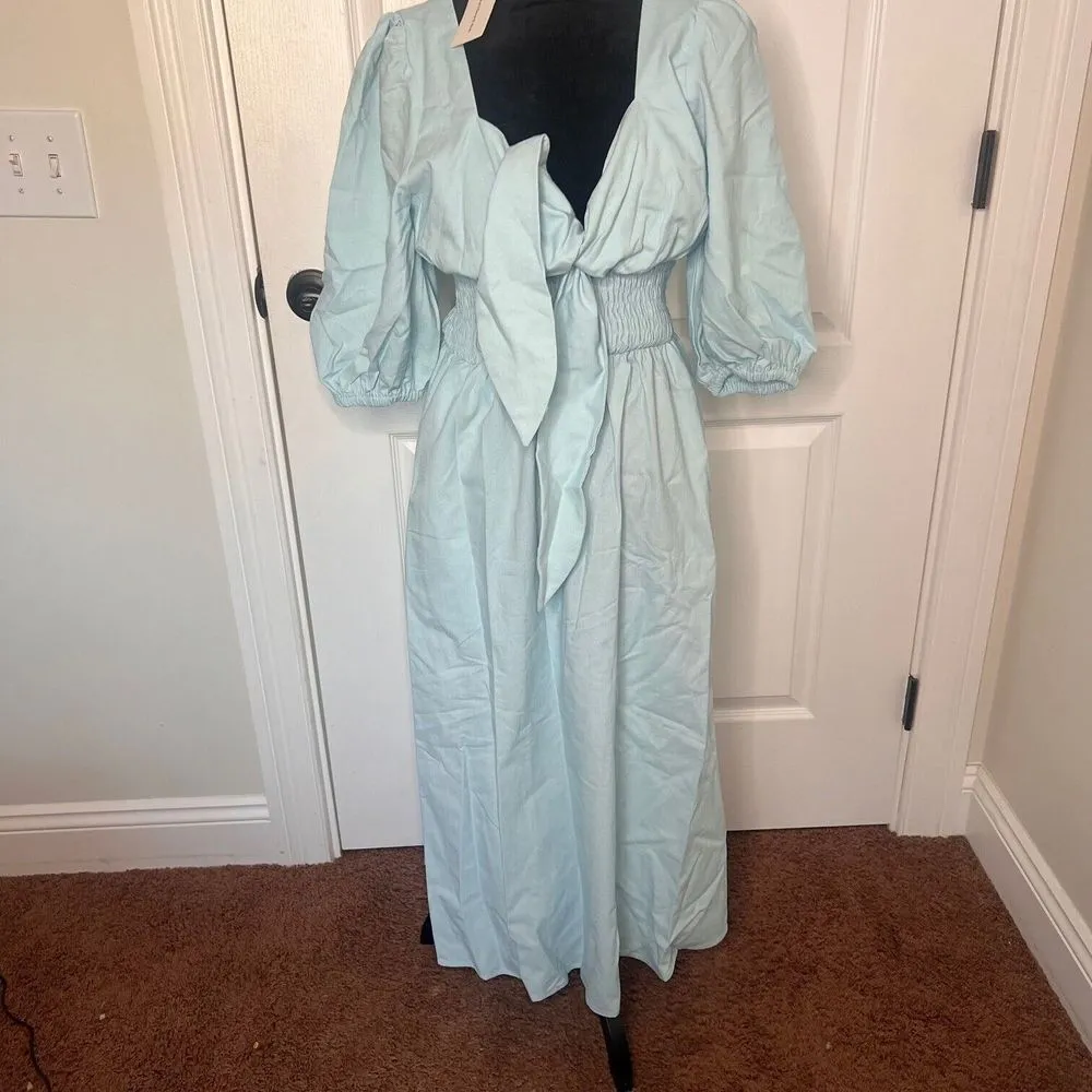 Commense Cotton Linen Twist‎ Tunic Midi Dress Light Blue Short Puffed Sleeve NWT Size M - Image 4