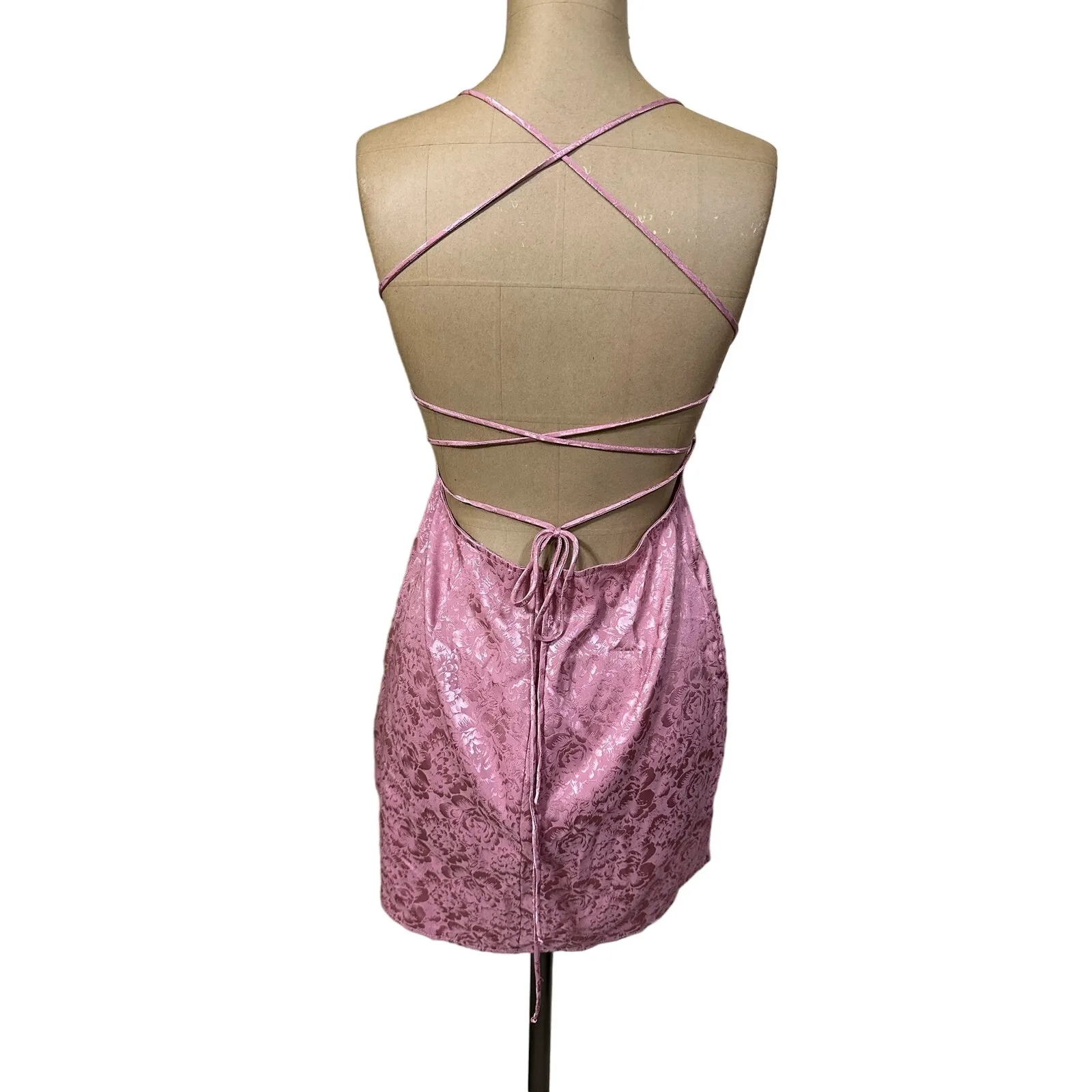 Resa Mini Dress Revolve Pink Rose Floral Satin Tie Back - Image 6