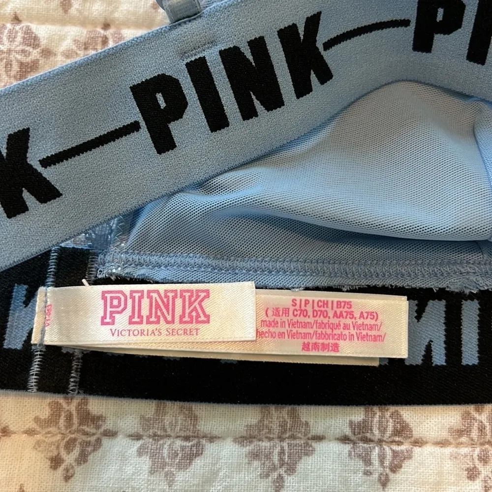 VS Pink Logo Band Padded Lace Racerback Bralette Light Blue Size Small - Image 4