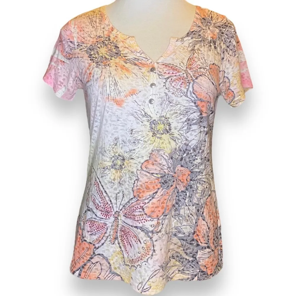 Style & Co Butterfly Floral Burn Out T Shirt Embellished Medium Petite - Image 2