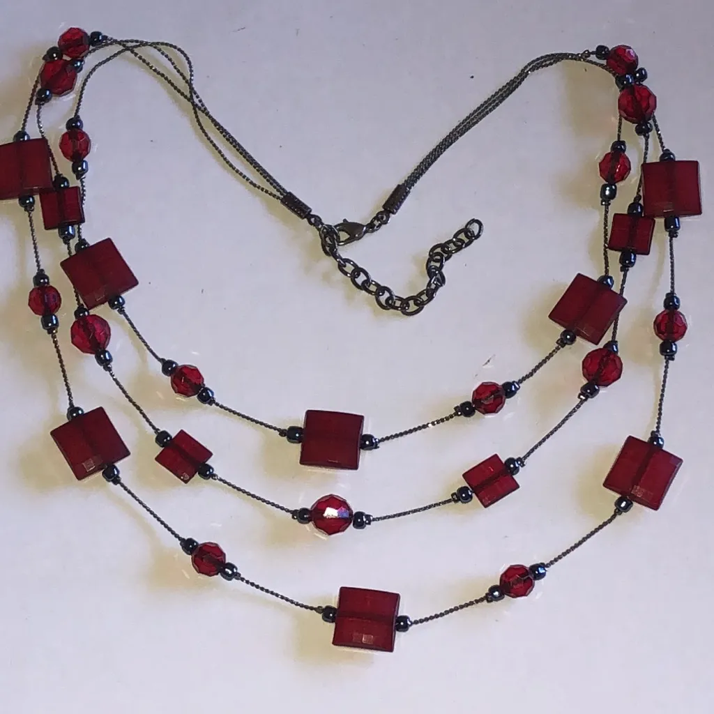 Elegant Dark Metal and Red Beaded Boho Multi Strand Necklace - Image 4
