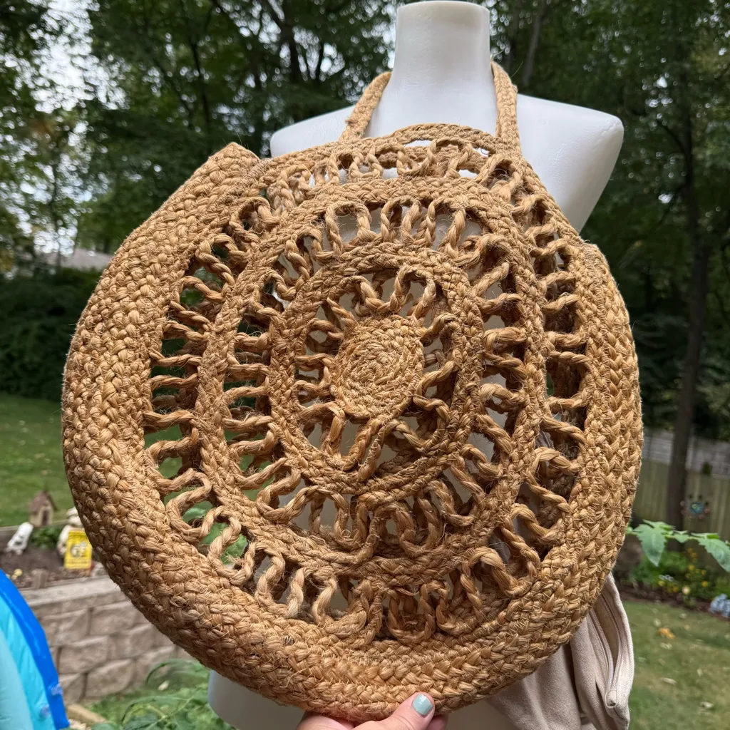 ZARA Round Shopper Bag BRAIDED JUTE Natural CUTOUT Tote XL HandBag W/ MU Bag - Image 5