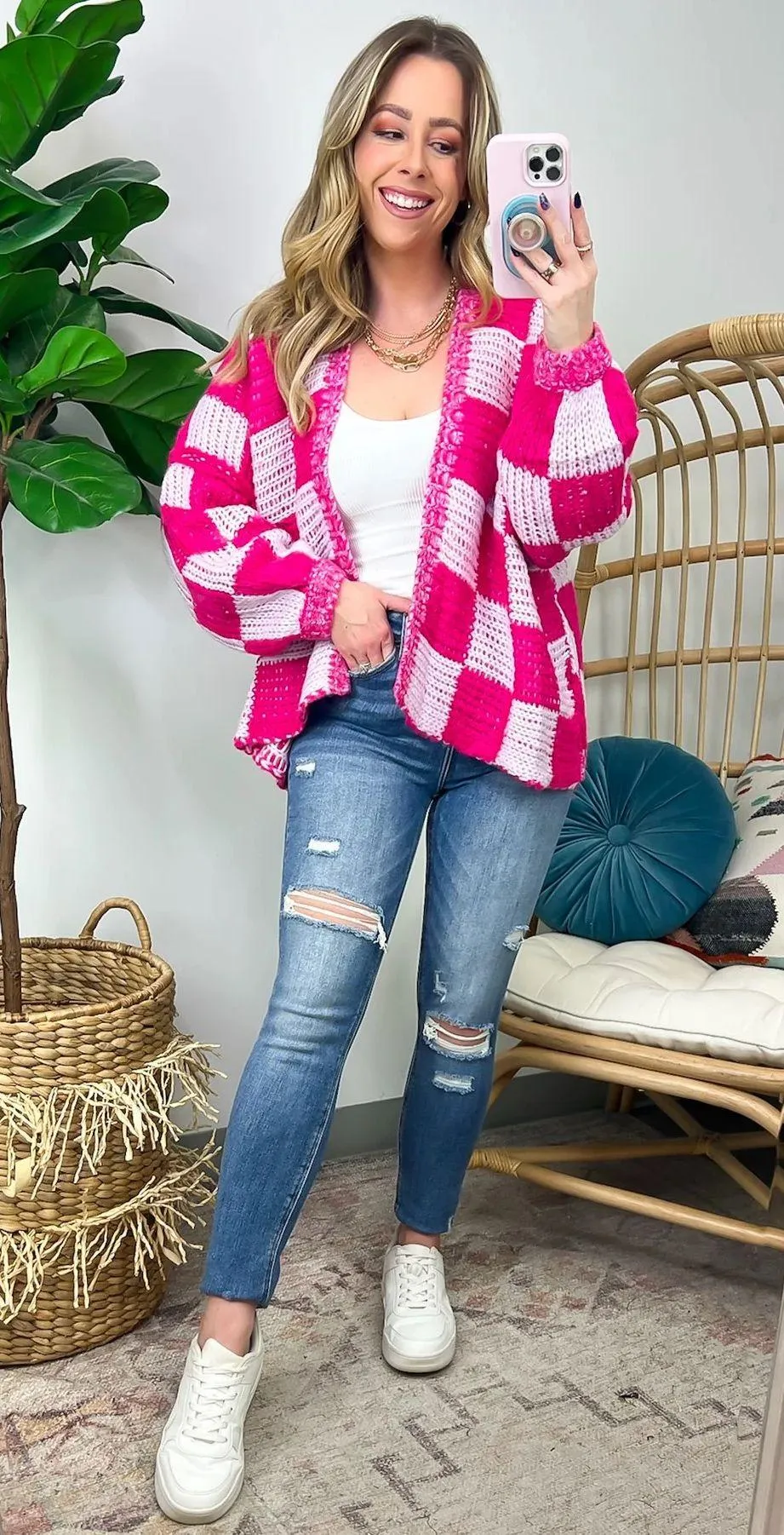 Olivaceous Leveled-Up Check Print Drop Sleeve Cardigan  - Image 2