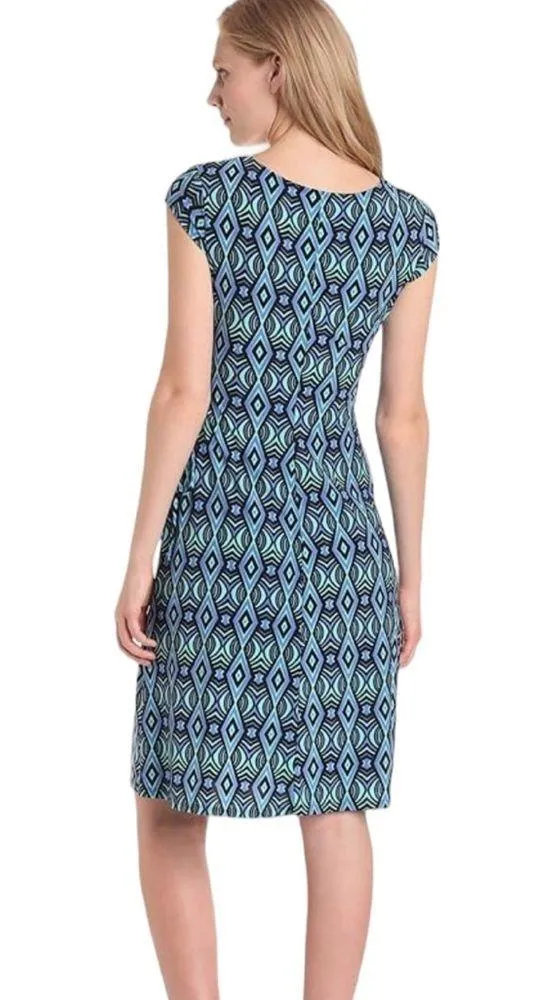Evan Picone Pattern Faux Wrap Midi Dress Blue Teal Black Size 10 - Image 6