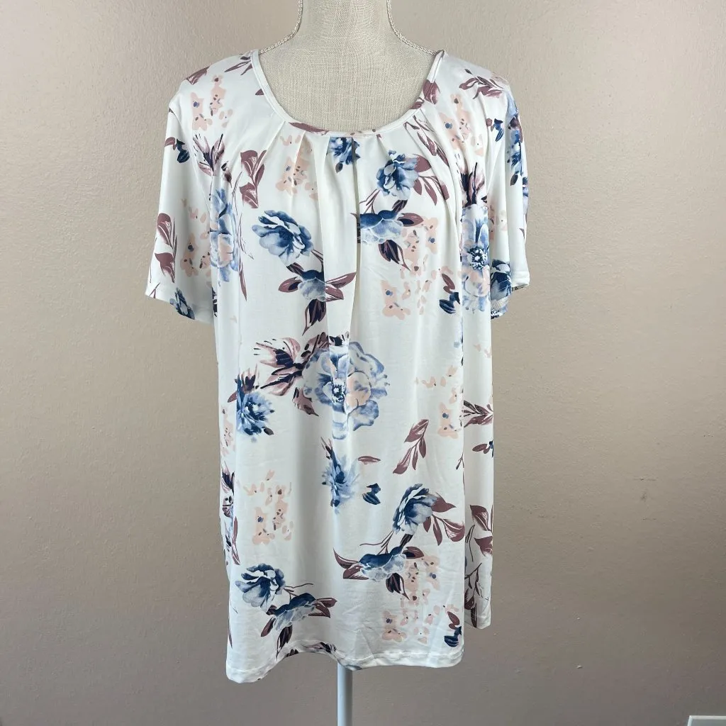 NEW Floral Shirt‎ Top Blouse Womens Size 16W White Pleated Short Sleeve Stretch - Image 7