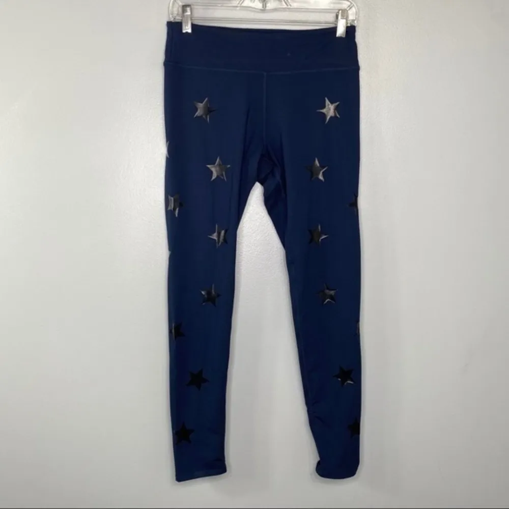 Jessica Simpson Blue Star Print Workout Leggings Zipper Pocket Stretch Pants L - Image 3