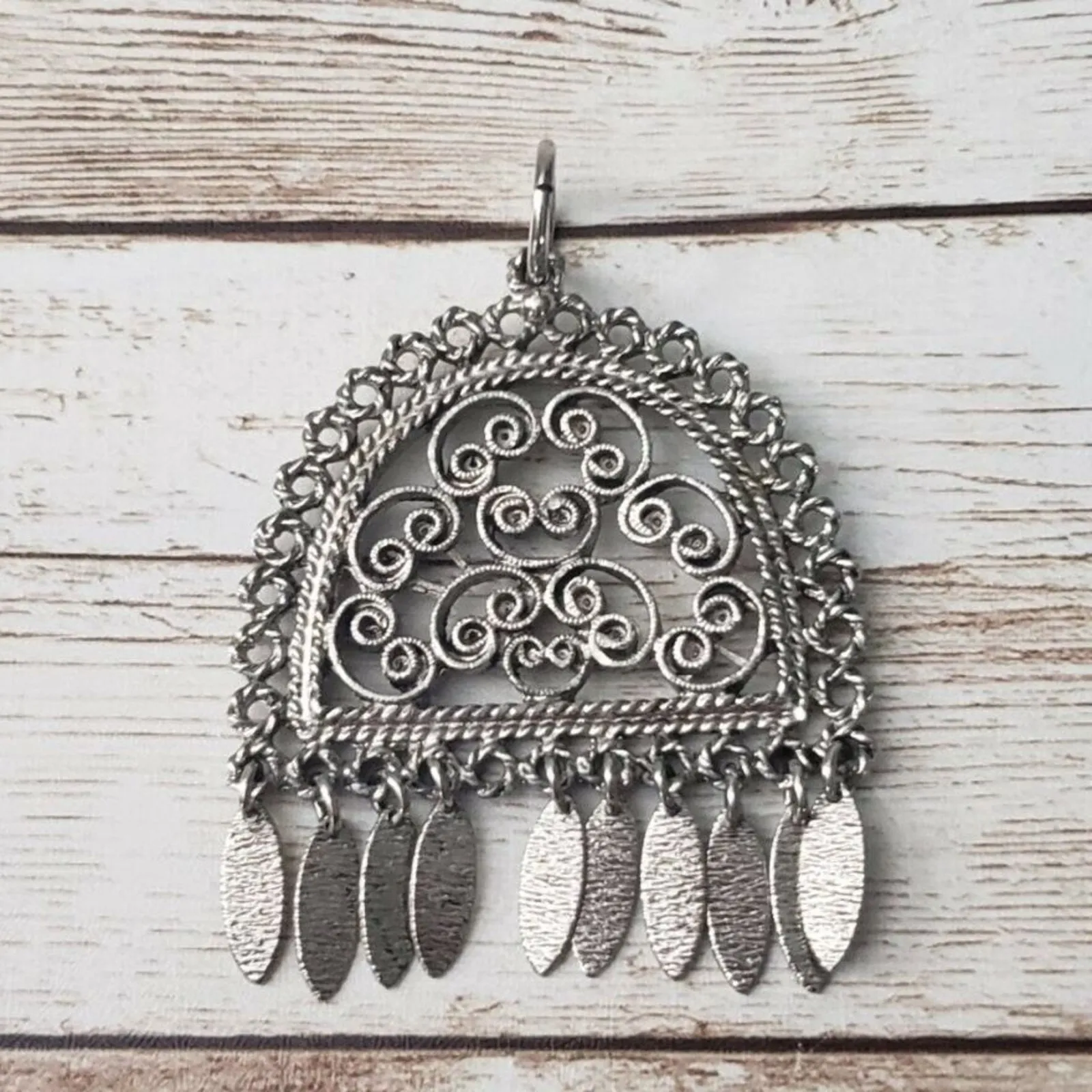 Vintage Pendant Large Ornate Silver Tone - Image 5
