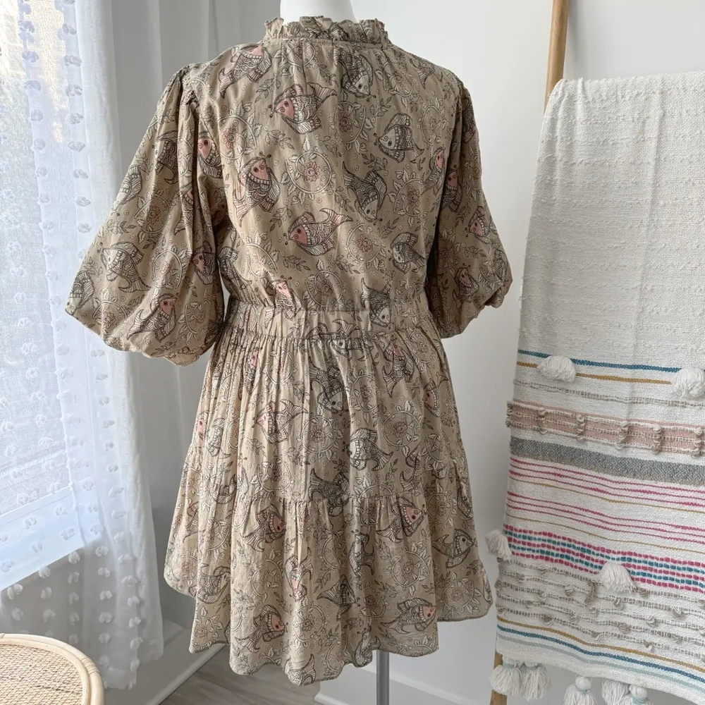 Let Me Be Anthropologie Celeste Fish Print Peasant Puff Sleeves Mini Dress 14 - Image 7