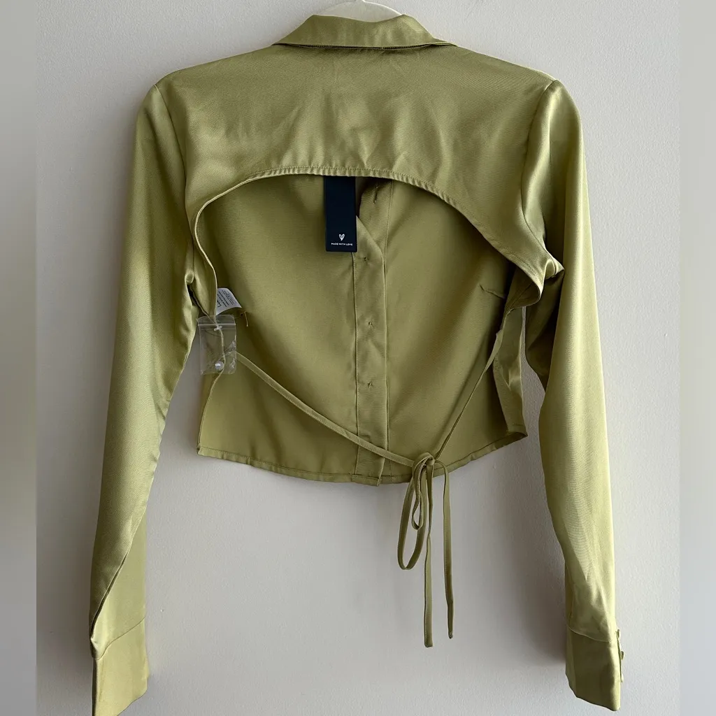 Lulus Welcome Back Light Green Satin Tie-Back Button-Up Crop Top, Small, NWT - Image 14