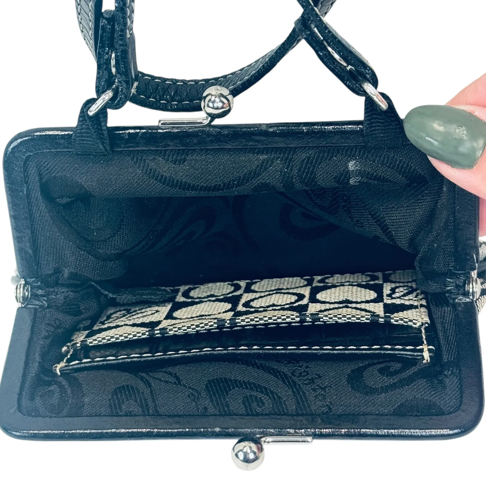 Brighton Kisslock‎ Heart Purse Mini Shoulder Bag Black Silver Checkered Y2K - Image 5