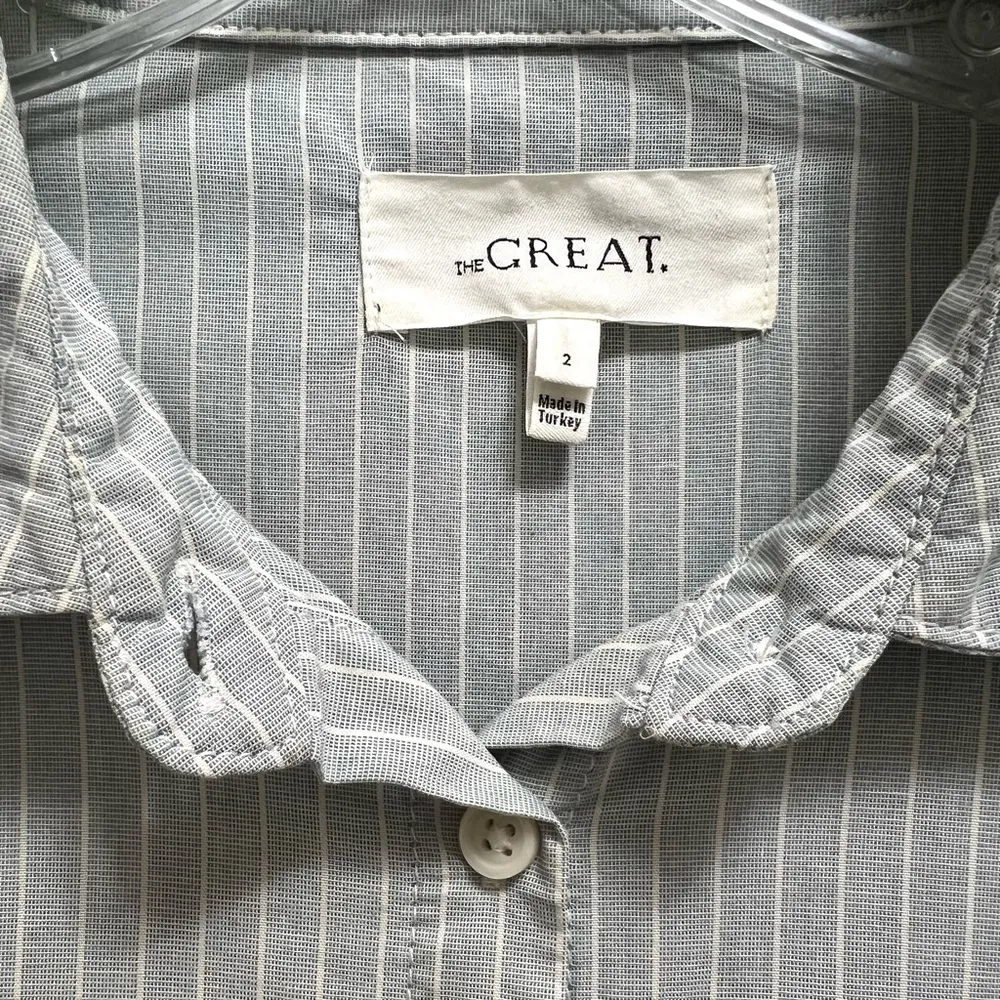 The Great. The Drop Ruffle Oxford Shirt Button Down Indigo Stripe Blue Size M - Image 10