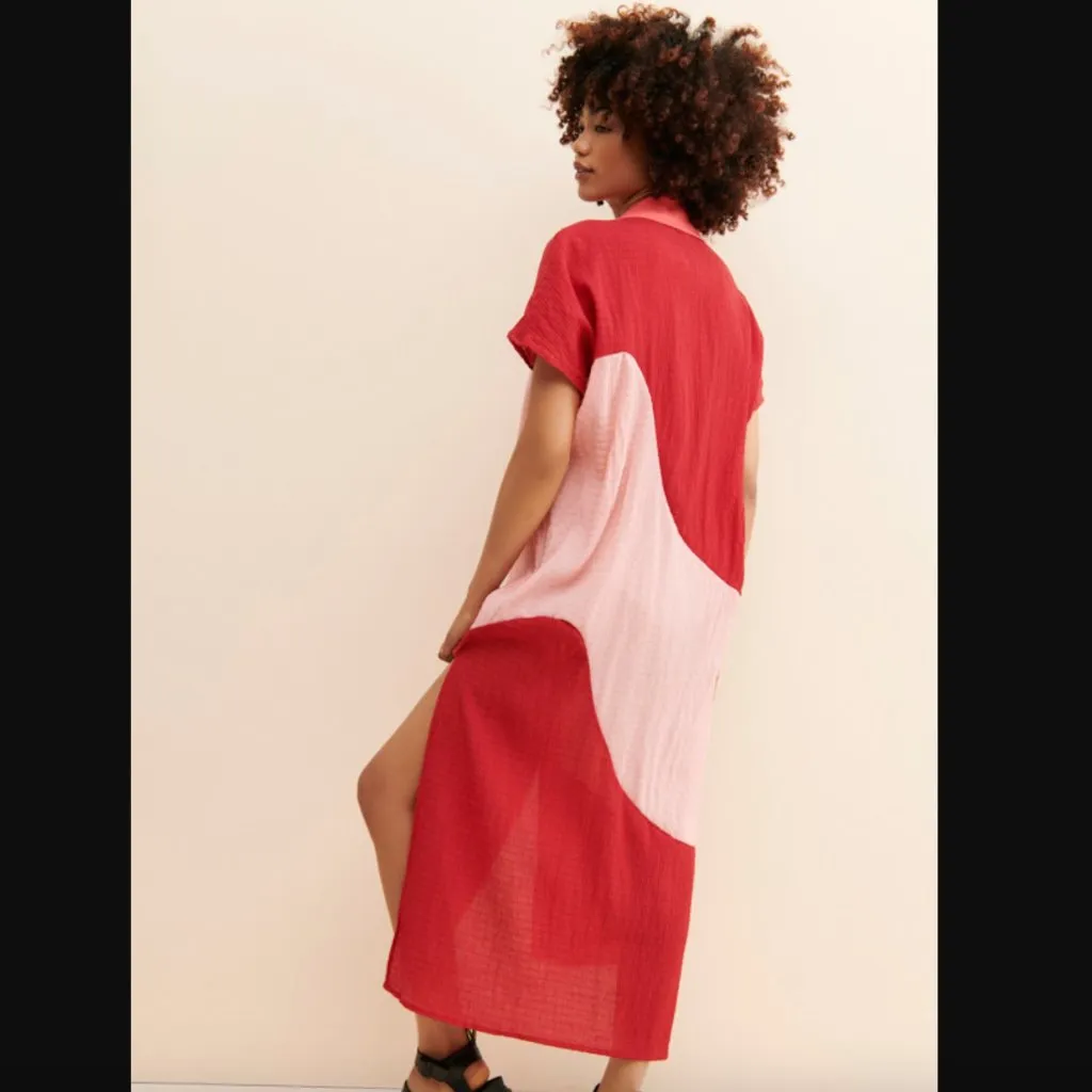 Margo Baridon Lilo Red & Pink Colorblock Midi Shirt Dress S - Image 2
