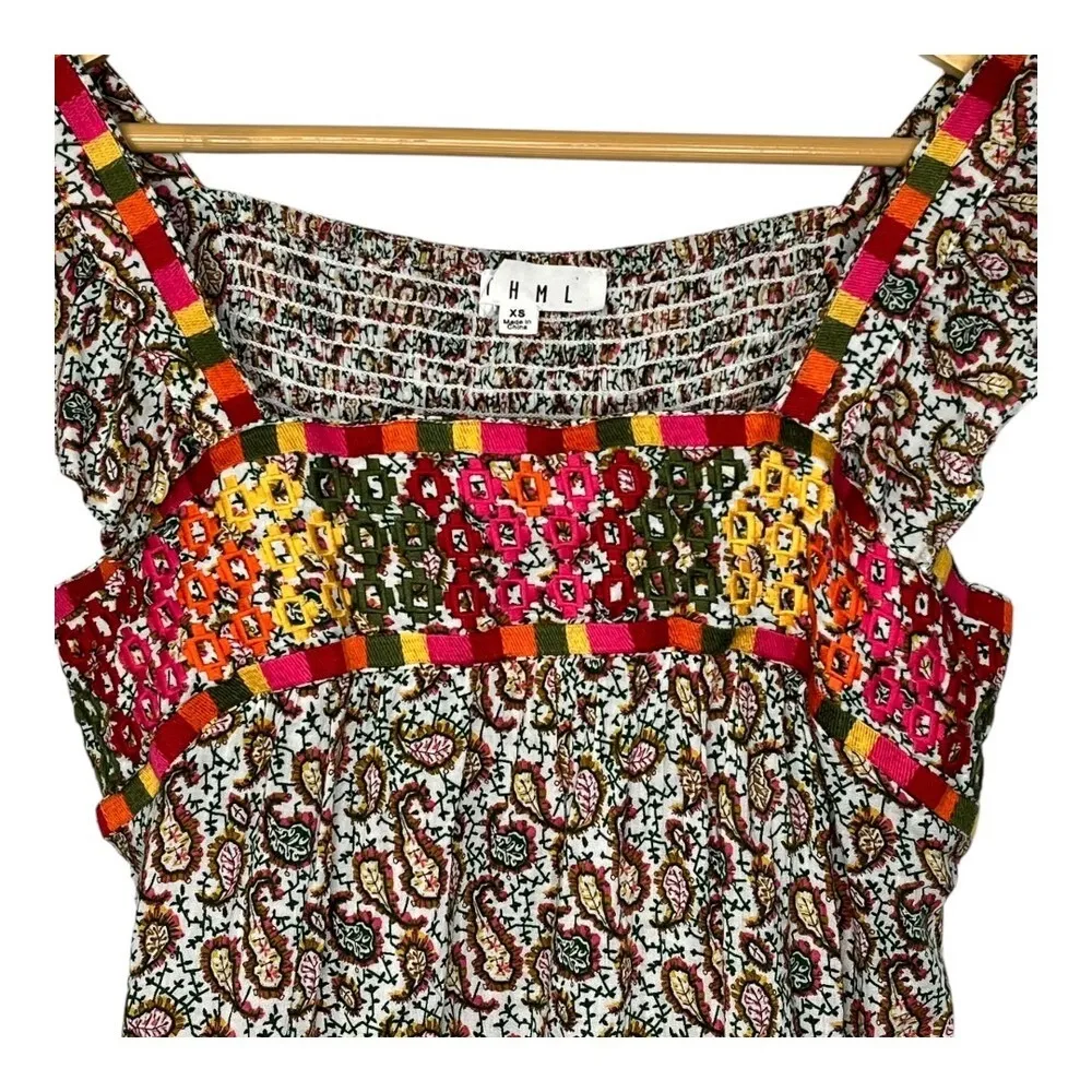 Anthropologie THML Paisley Embroidered Smocked Top‎ Flutter Sleeve Women Size XS - Image 3