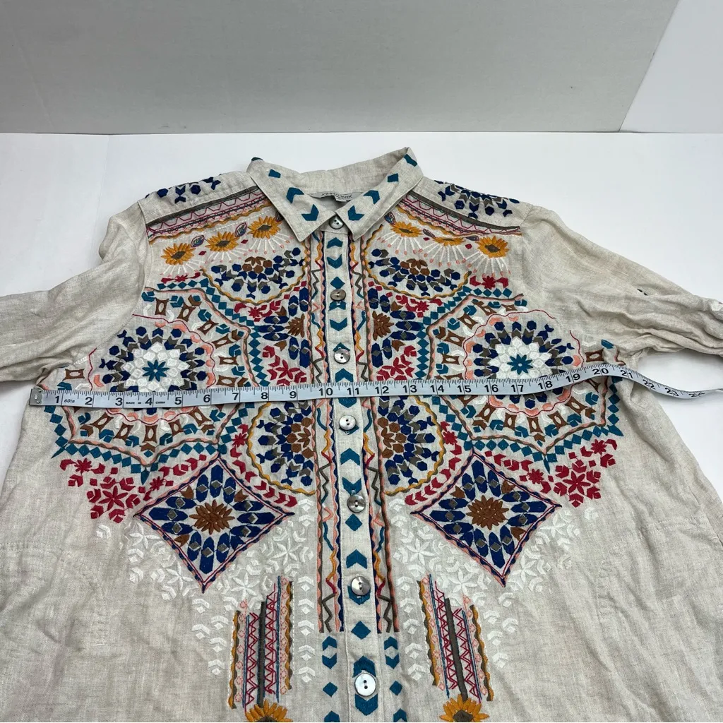 John Mark Womens Tunic Top Linen Artsy Art to Wear Embroidered Boho‎ Ecru Large - Image 8