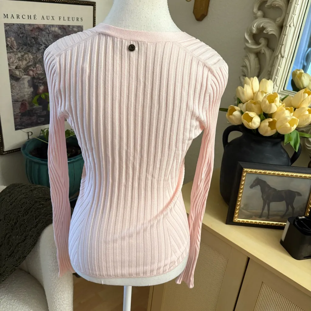 TED BAKER Ilanga V Neck Ribbed Cardigan In Light Pink‎ Size Small - Image 4