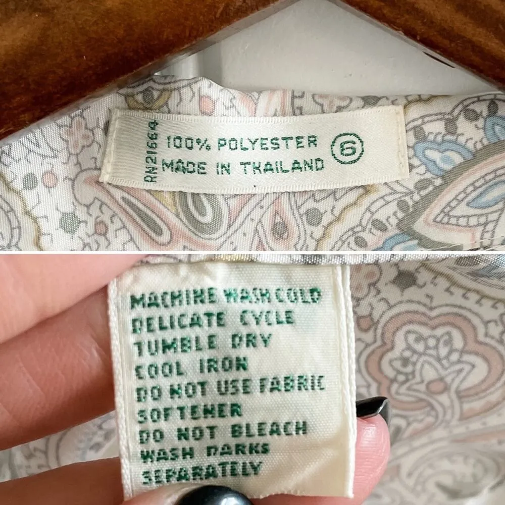 Vintage pastel paisley floral Peter Pan rounded collar button down blouse size S White - Image 6