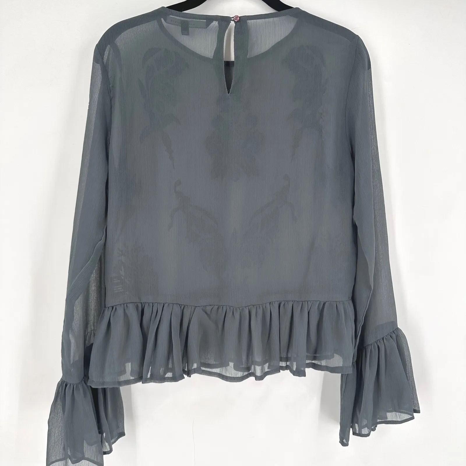 Walter Baker Grey Sheer Embroidered Ruffle Sleeve Peplum Blouse XS Beth - Image 4