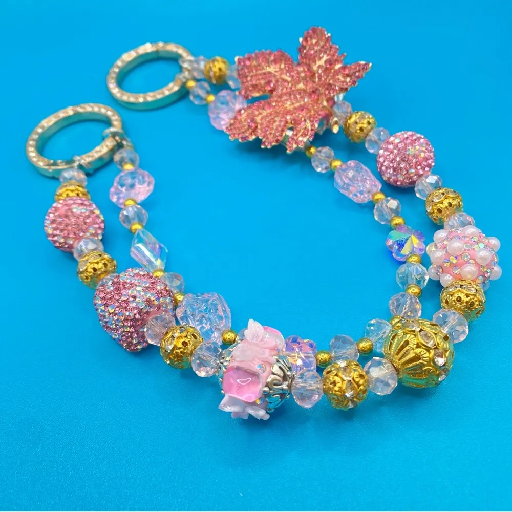 🍁Luxury Bag/Phone Chain Charm/Keychain Pink Rhinestone MAPLE LEAF Bling Beads - Image 6