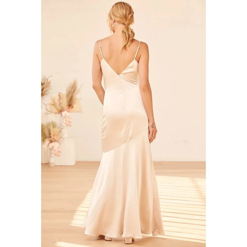 Lulus Moment in the Spotlight Champagne Satin Cowl Neck Maxi Dress Bridesmaid M - Image 3