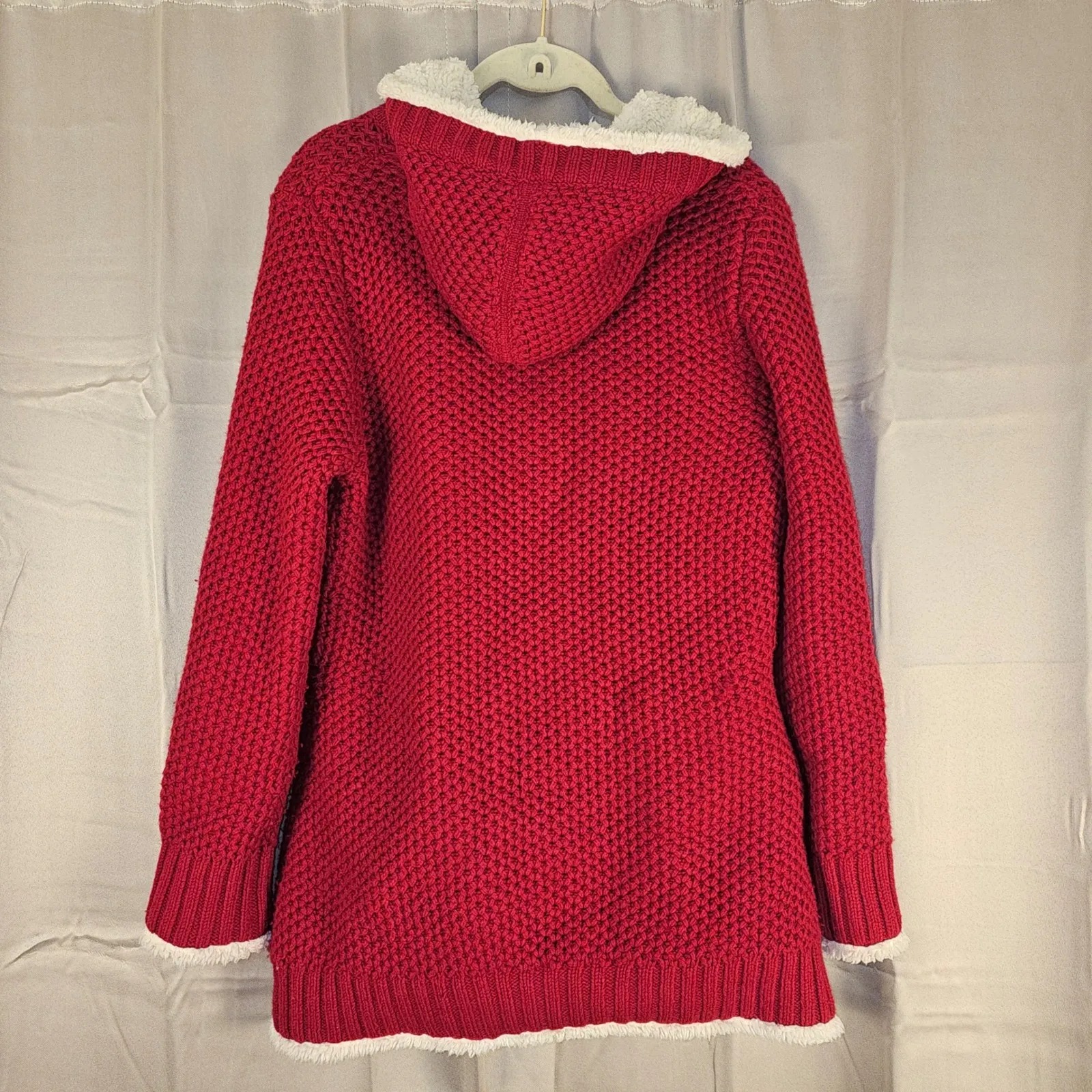 LL Bean Womens Red White Shearling Wool Blend Knit Toggle Coat Medium - Image 2