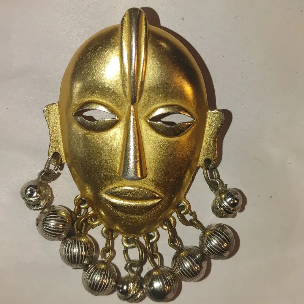 Large Tribal Mask Brooch Pin Mayan Aztec African Vintage Dangling Silver Balls Gold - Image 9