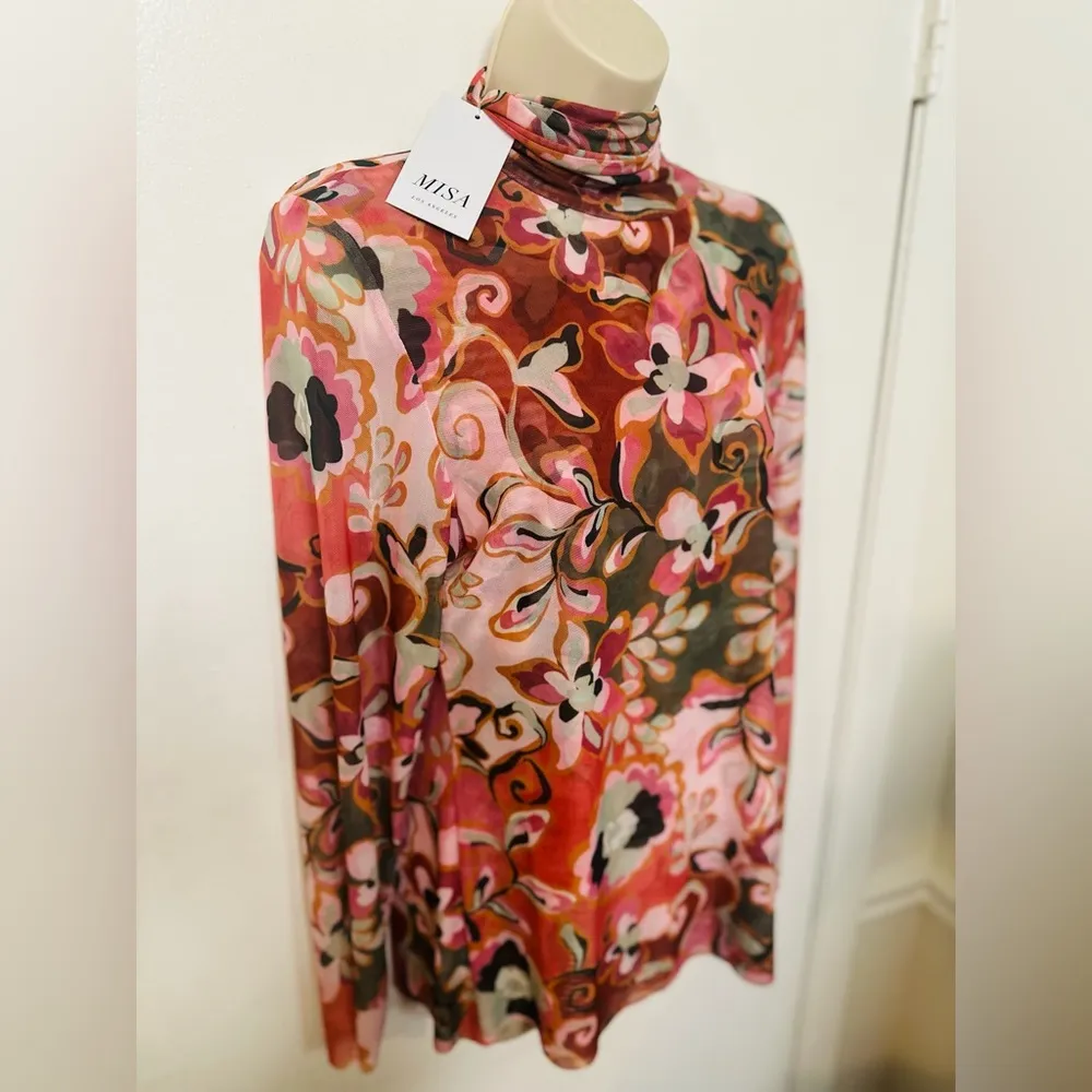 Misa Los Angeles XL Nadja Top Blouse Mesh Floral Long Sleeve Y2K Turtleneck - Image 3