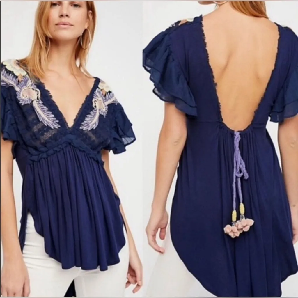 Free People Fiesta
 Embroidered Navy
 Top Tuni Sz M - Image 2