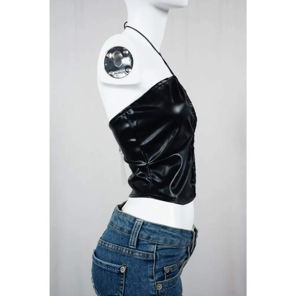 Pretty Garbage Hater Vegan Faux Leather Ruched Crop Top Black Woman's Small NWT! - Image 5
