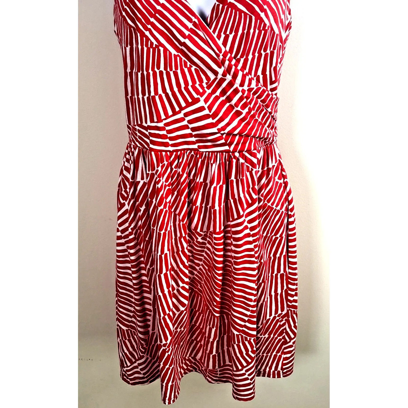 Boden Dress Womens 2 R Knit Faux Wrap Red White Summer Modal Modern Pockets - Image 5