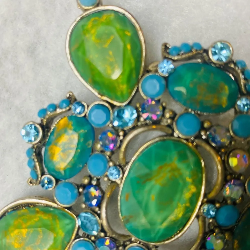 Statement Brooch Pin Greens Blues Clear Iridescent Stones Silver Tone Metal - Image 10