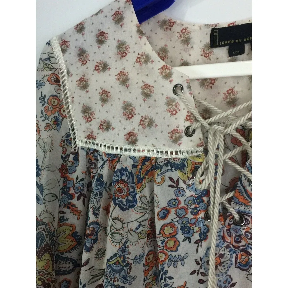 Jeans By Buffalo Womens Top Peasant Sheer Blouse Bell Sleeves Paisley Size Small - Image 4