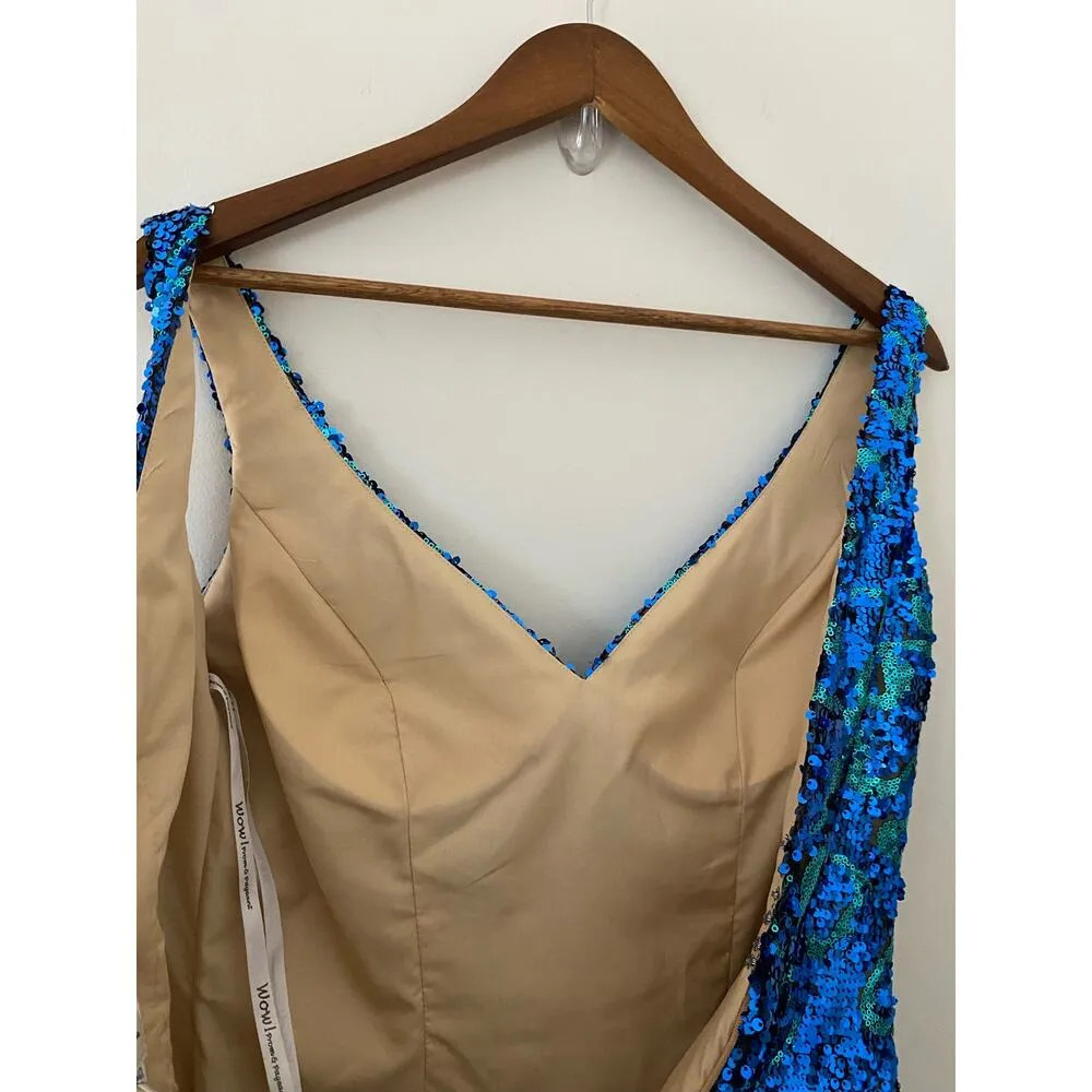 WOW! Prom & Pageant 12 Blue Green Teal Sequin Mini Bodycon Dress EUC Deep V Back - Image 14