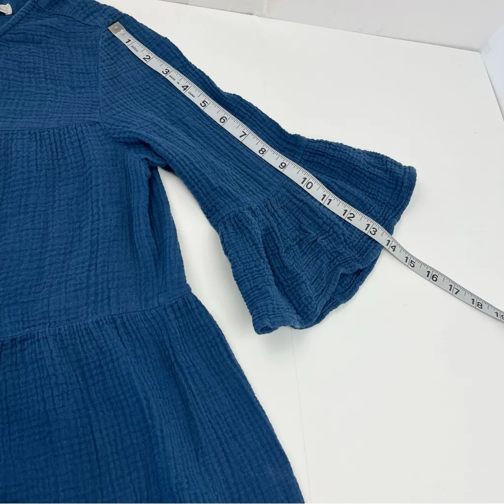 Outerknown Currents Organic Cotton Gauze Crepe BellSleeve Dress Blue Small *FLAW - Image 10