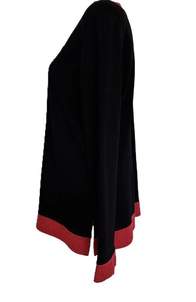 Misook Sweater Blazer Cardigan Black with Red Trim Frog Closure Size M - Image 4