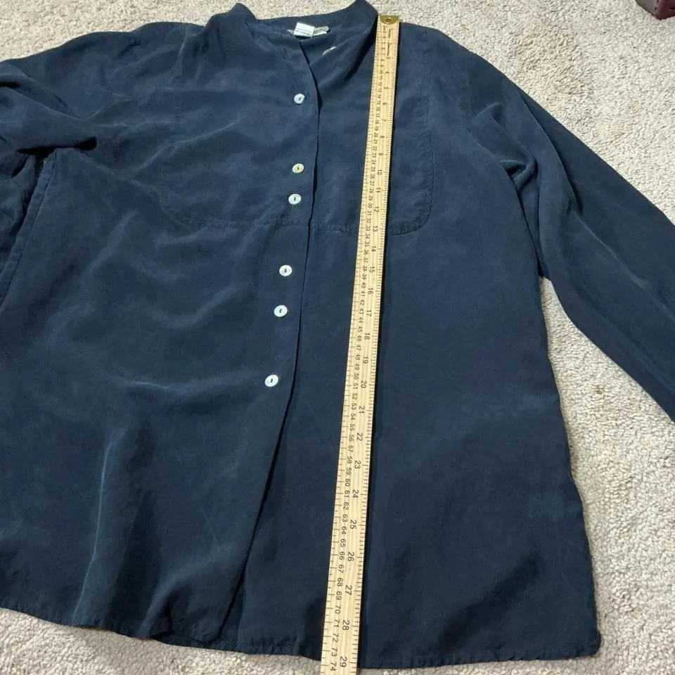 Ann Taylor Silk Mandarin Collar Button Up Shirt Navy Blue Size Medium - Image 5