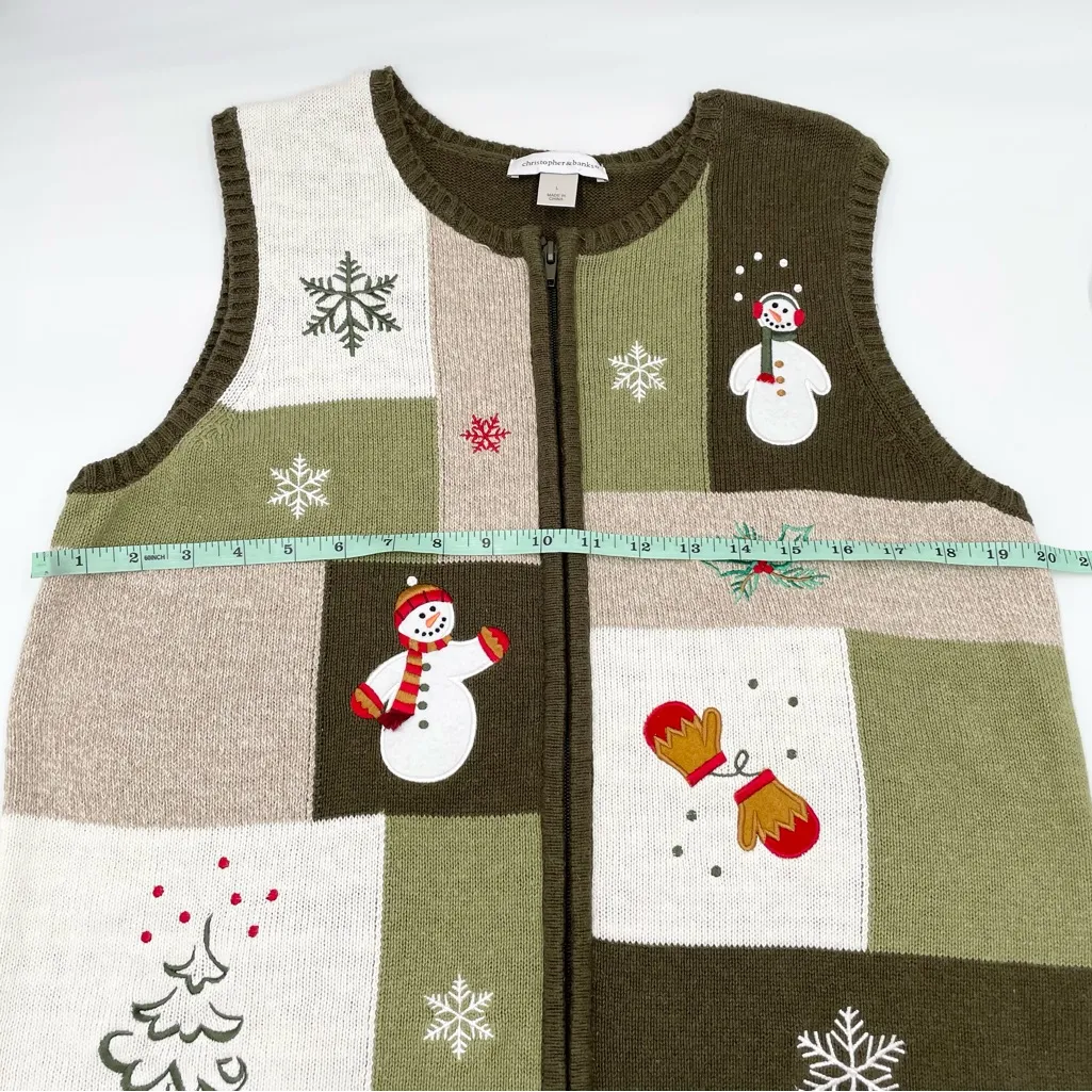 Vintage Y2K Christmas Sweater Vest Size Large Christopher & Banks Full Zip Green - Image 9