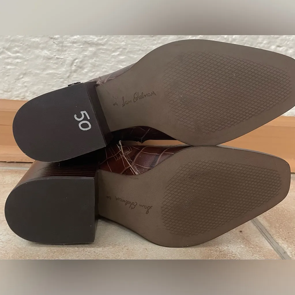 Sam Eldeman  Cari Cocoa leather brown chunky square heel, pointy toe booties; 8 - Image 6