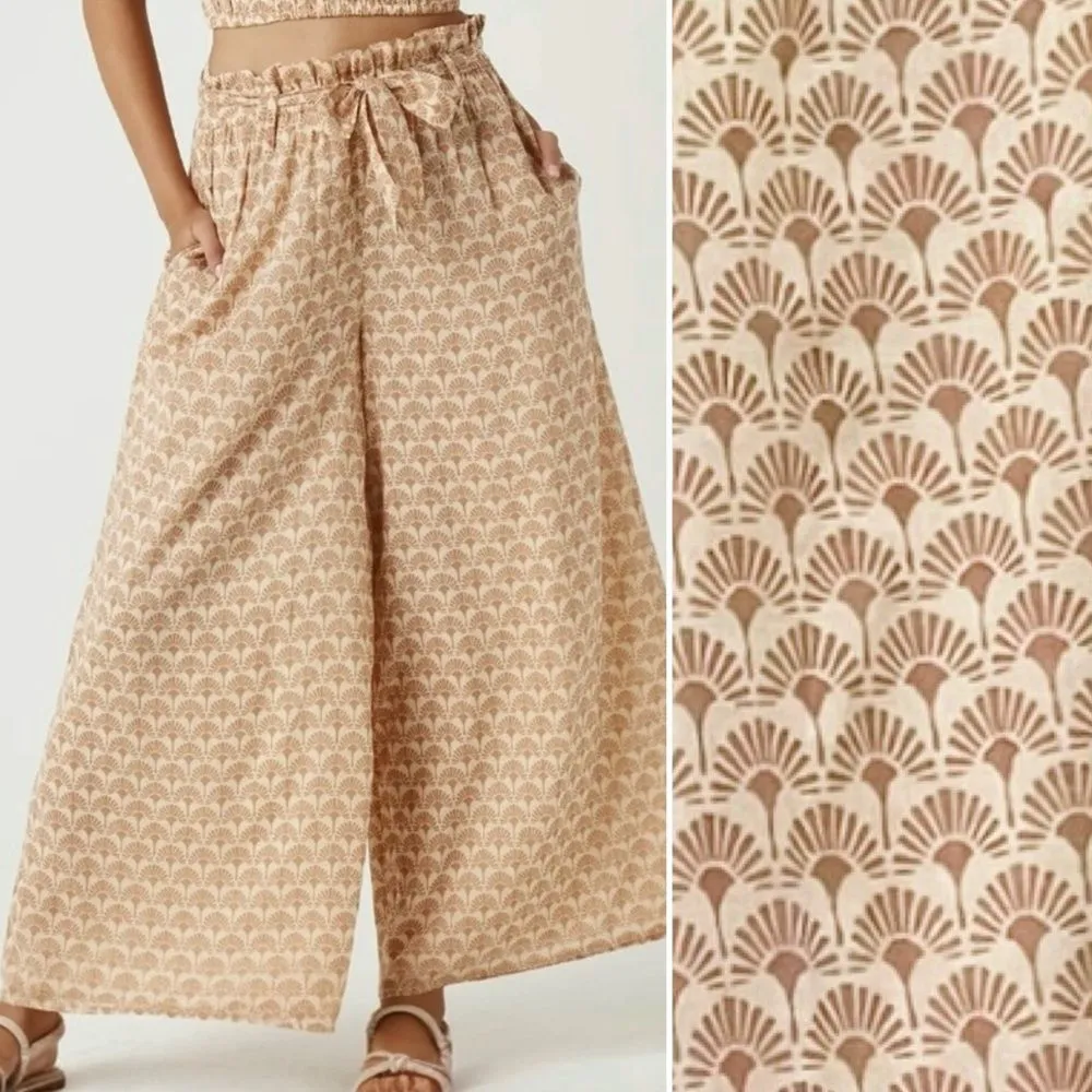 Bila77 High Waist Wide Leg Palazzo Pant Size Medium Boho Tan Batik Print Cotton - Image 6