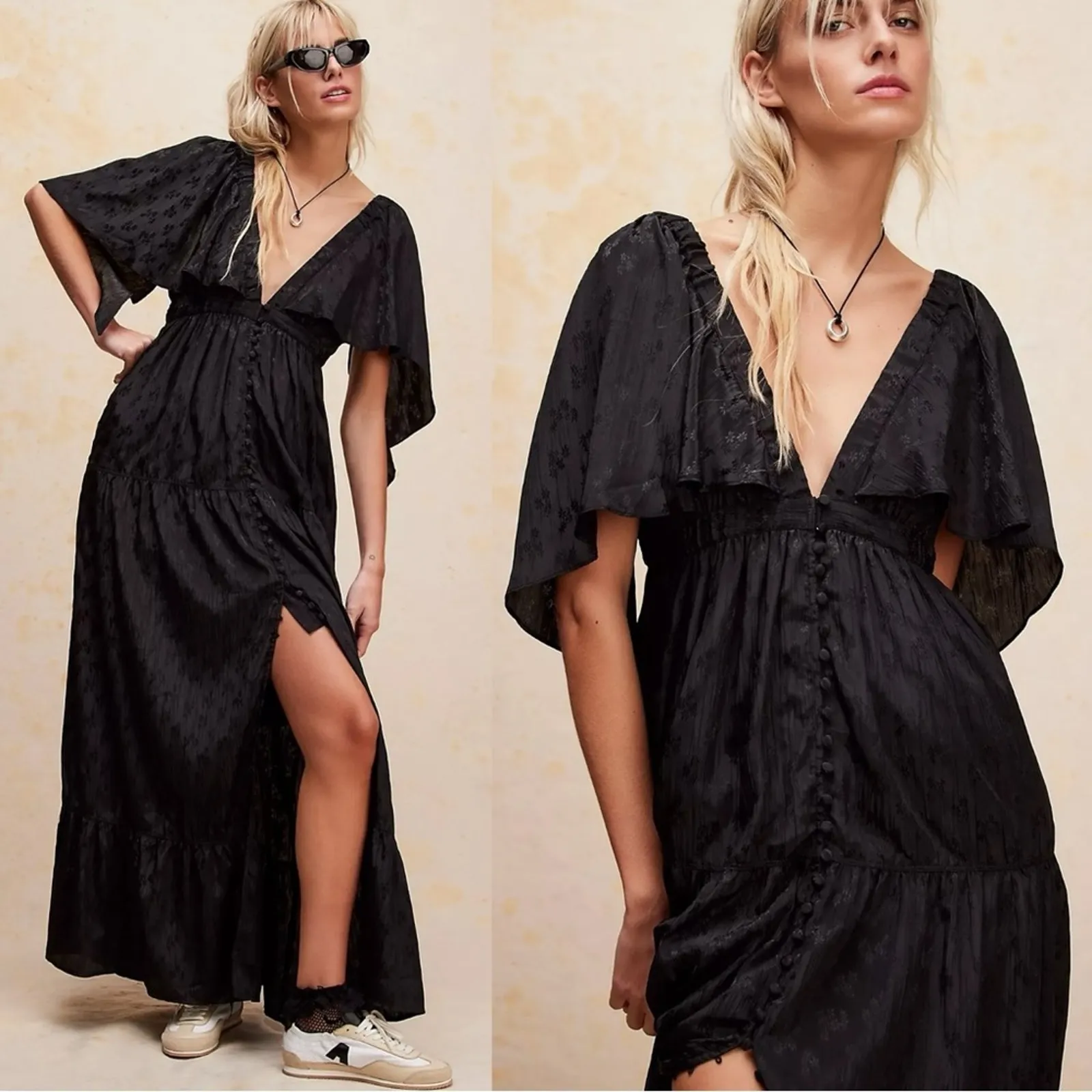 Free People Ethereal Witchy Fairy Cha Cha Maxi Dress Black Large Bohemian Goth - Image 2