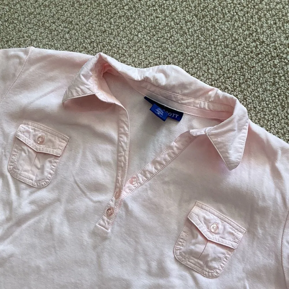 Karen Scott Pale Pink Popcollar Polo Shirt Size Medium 100% Cotton Button EUC - Image 2