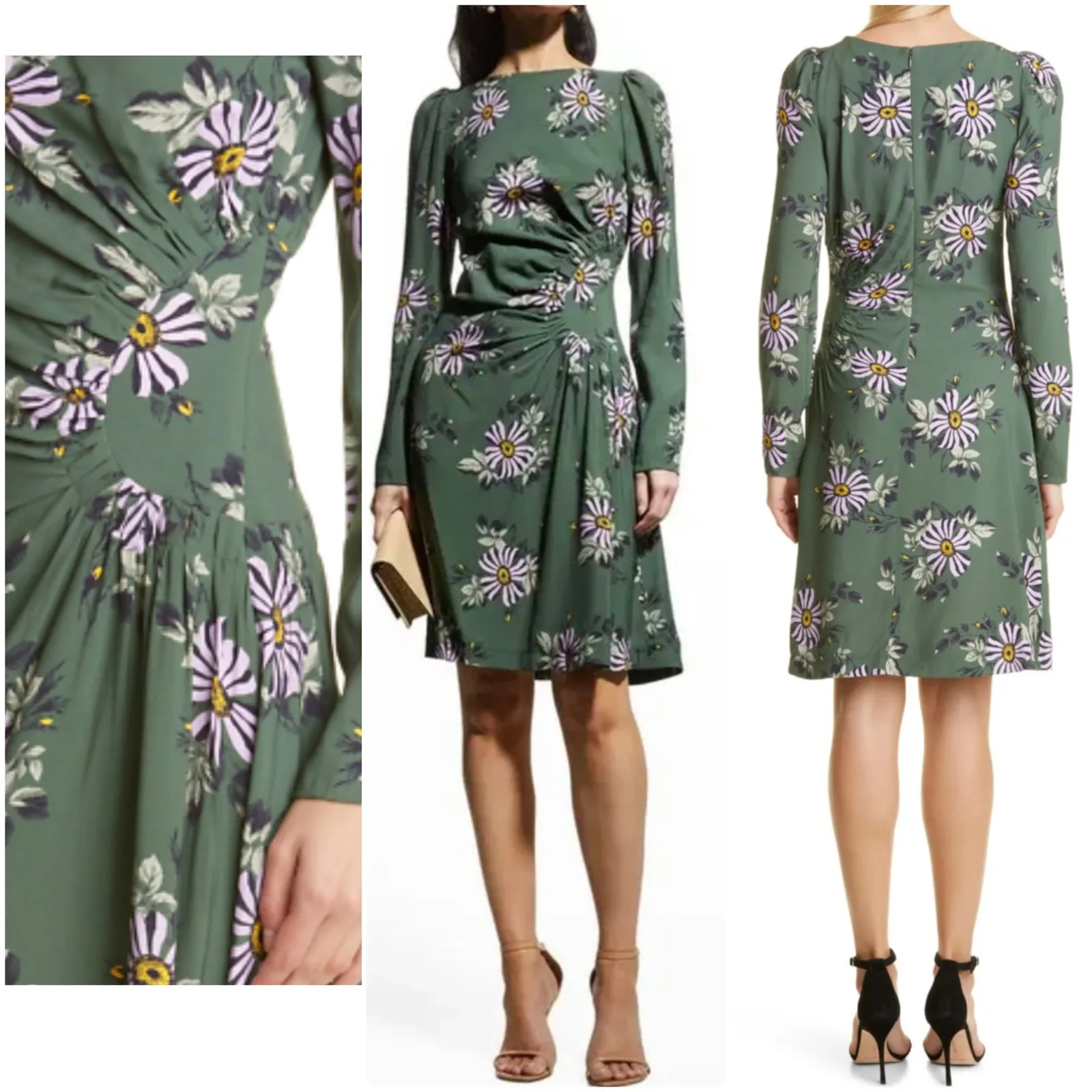 Lela Rose Ruched Bateau Neck Long Sleeve Dress in Sage size 8 Green - Image 2