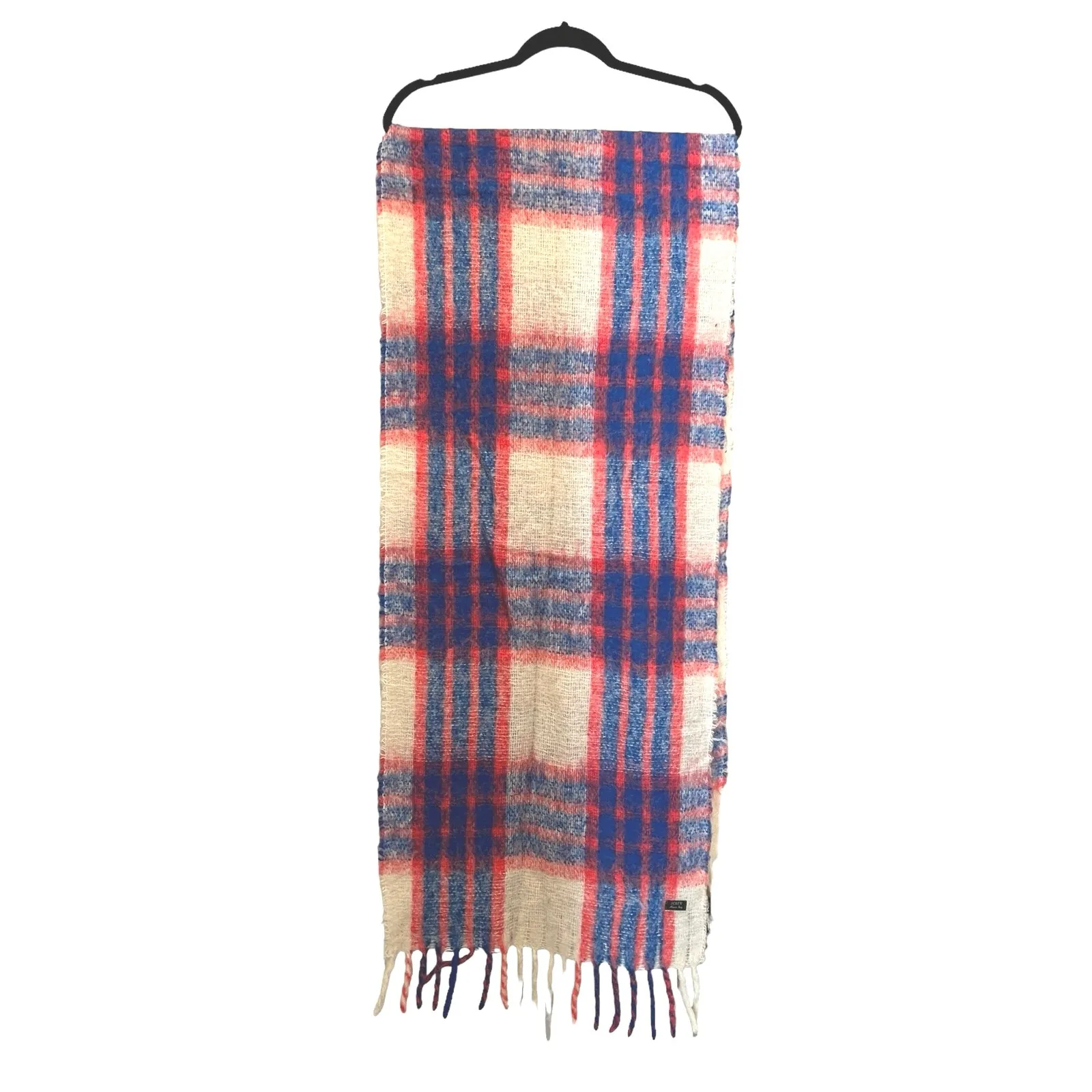 J.Crew Unisex Red Blue Plaid Winter Scarf with Fringe Wool Blend 80" x 18" - Image 3