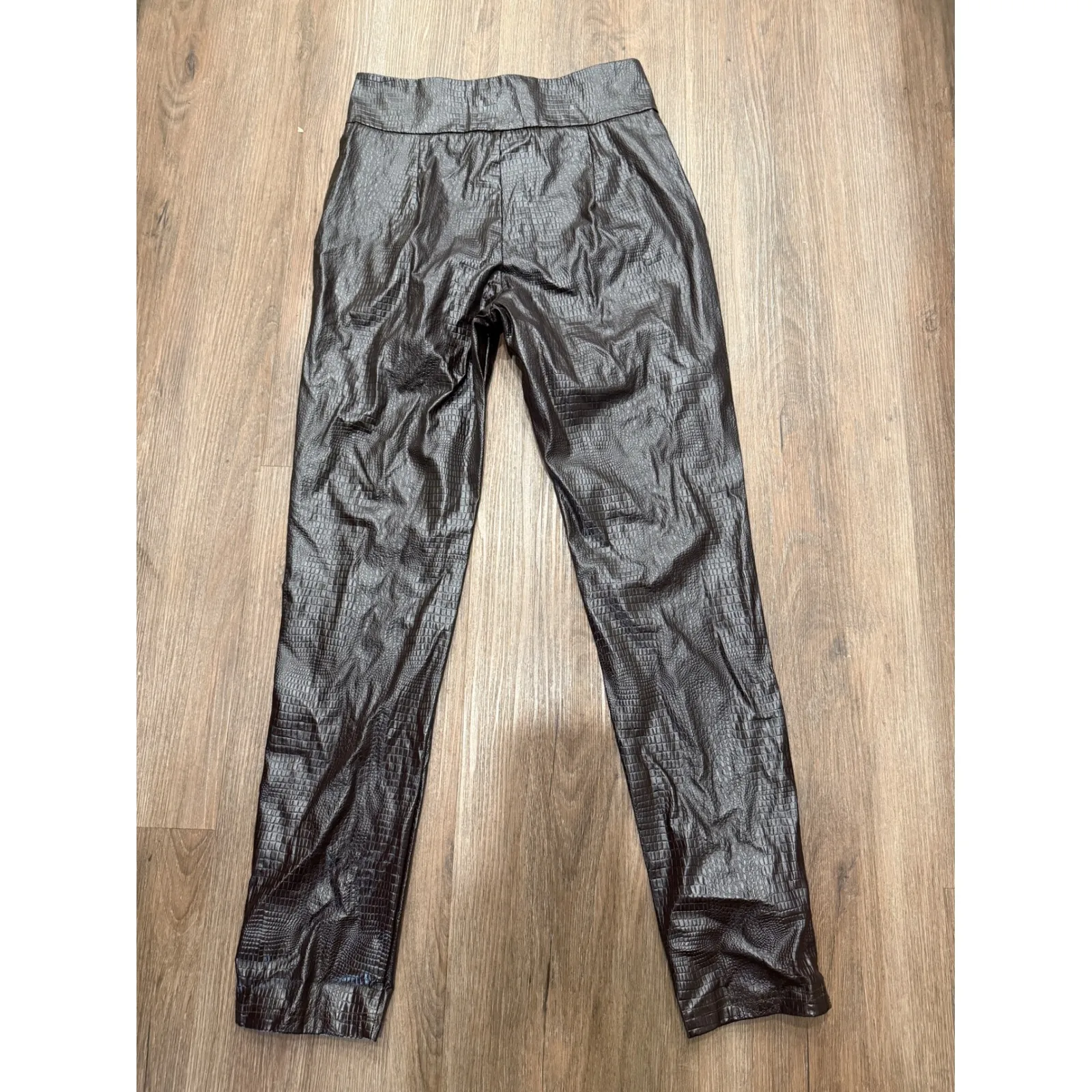 Shein Snake Print Faux Leather High Waisted Zipper Front Pants Women M Brown - Image 2